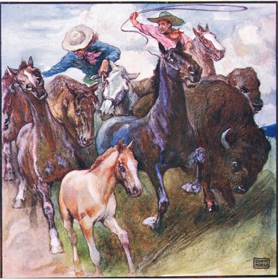 Away he went-wild buffalo-wild horse and wild huntsman (litografía en color) de John Edwin Noble