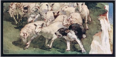 Perro pastor y rebaño en los acantilados, ilustración de "Helpers Without Hands" de Gladys Davidson, publicada en 1919 (litografía en color) de John Edwin Noble