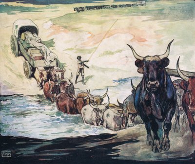 Cruzando el río, ilustración de "Helpers Without Hands" de Gladys Davidson, publicada en 1919 (litografía en color) de John Edwin Noble