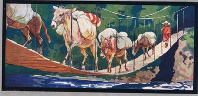 Los burros transportan suministros a través de un puente de cuerda, ilustración de "Helpers Without Hands" de Gladys Davidson, publicada en 1919 (litografía en color) de John Edwin Noble