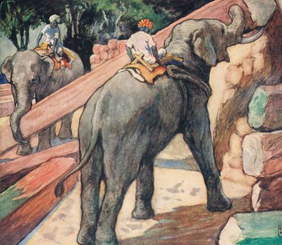 Elefantes manipulando troncos, ilustración de "Helpers Without Hands" de Gladys Davidson, publicada en 1919 (litografía en color) de John Edwin Noble