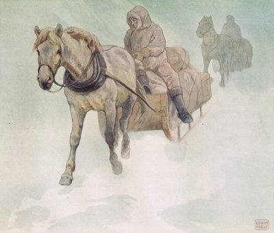 Trineo tirado por caballos, ilustración de "Helpers Without Hands" de Gladys Davidson, publicada en 1919 (litografía en color) de John Edwin Noble