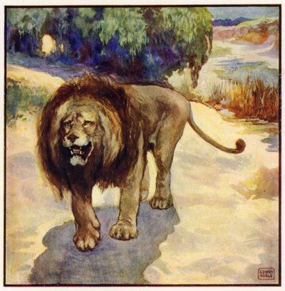 Sólo fui consciente durante un instante de que el león se acercaba (litografía en color) de John Edwin Noble