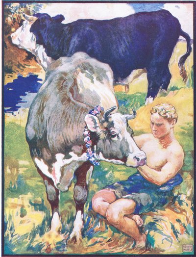 Icoronata was a Favourite", ilustración para "Chiarino the Bull and the Ambitious Mule", de "Animal Legends from Many Lands", publicado por Raphael Tuck & Sons Ltd. (litografía en color) de John Edwin Noble