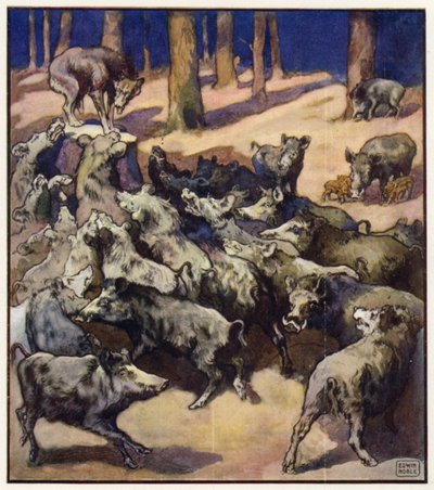 En el centro del tronco había un gran lobo gris (litografía en color) de John Edwin Noble