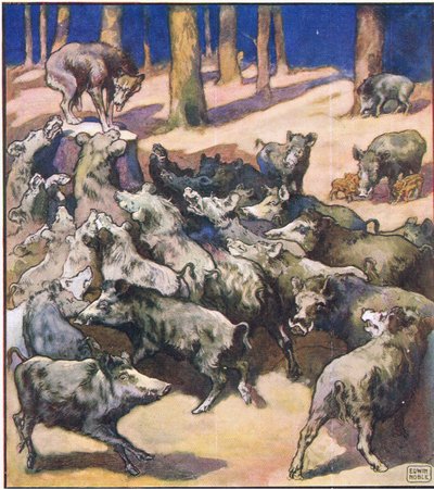 En el centro del tronco había un gran lobo gris (litografía en color) de John Edwin Noble