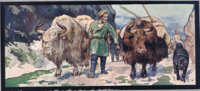 Yaks de montaña, ilustración de "Helpers Without Hands" de Gladys Davidson, publicada en 1919 (litografía en color) de John Edwin Noble