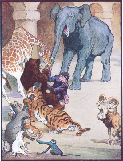 Nunca antes ni después ha habido tal tira y afloja", ilustración para "Zum, Zum, Ziss", de "Animal Legends from Many Lands", publicado por Raphael Tuck & Sons Ltd. (litografía en color) de John Edwin Noble