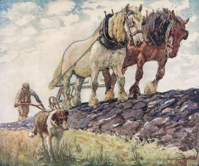 Arar el campo, ilustración de "Helpers Without Hands" de Gladys Davidson, publicada en 1919 (litografía en color) de John Edwin Noble