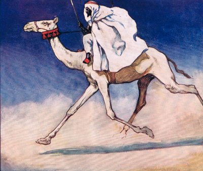 Montando un camello, ilustración de "Helpers Without Hands" de Gladys Davidson, publicada en 1919 (litografía en color) de John Edwin Noble