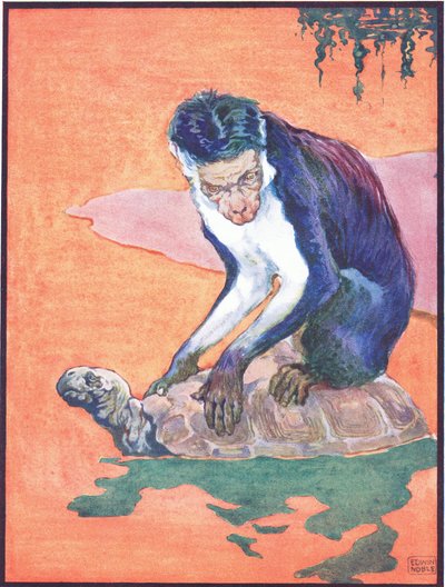 El mono se volvió sospechoso", ilustración de "La tortuga y el mono", publicada por Raphael Tuck & Sons Ltd. (litografía en color) de John Edwin Noble