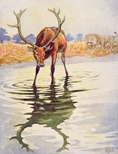 El ciervo y su reflejo de las "Fábulas de Esopo", publicado por Raphael Tuck & Sons Ltd., Londres (ilustración del libro) de John Edwin Noble