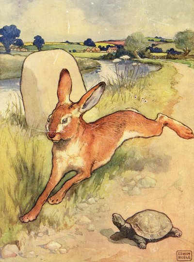 La tortuga y la liebre de las "Fábulas de Esopo", publicadas por Raphael Tuck & Sons Ltd., Londres (ilustración del libro) de John Edwin Noble