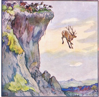 El gamo se precipitó al abismo de abajo (litografía en color) de John Edwin Noble