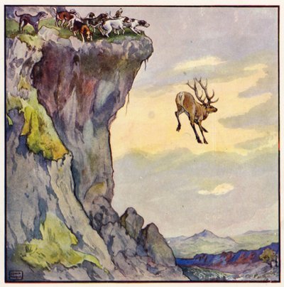 El gamo se precipitó al abismo de abajo (litografía en color) de John Edwin Noble