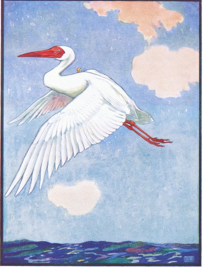 "¿Dónde está esa mariposa?", se preguntaba la grulla, ilustración para "Reynard the Fox", de "Animal Legends from Many Lands", publicado por Raphael Tuck & Son Ltd. (litografía en color) de John Edwin Noble