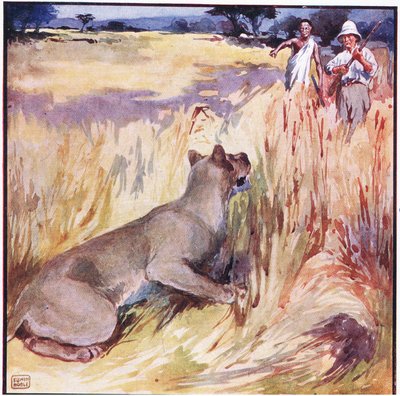 Con un gruñido profundo desapareció entre los juncos (litografía en color) de John Edwin Noble