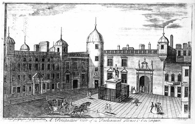 Vista en perspectiva de la Casa del Parlamento y la Hacienda, Edimburgo, grabado por A. Bell de John Elphinstone
