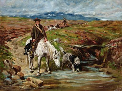 Caballo y spaniel bebiendo de un arroyo de John Emms