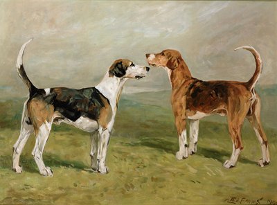 Dos sabuesos en un paisaje de John Emms
