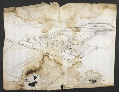 Agregar. 78610 (i) Perspectiva de Wotton con el jardín, la gruta y los alrededores desde el noroeste, c.1650 (pluma y tinta sobre papel) de John Evelyn