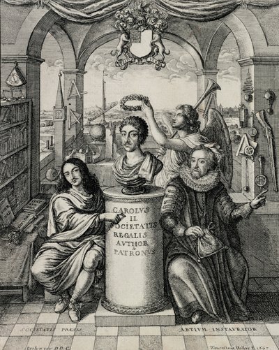 Carlos II (1630-85) como patrón de la Royal Society, grabado por Wenceslaus Hollar, 1667 de John Evelyn
