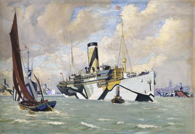 Un crucero armado auxiliar que lleva un convoy de tropas americanas al Támesis (Inglaterra) de John Everett