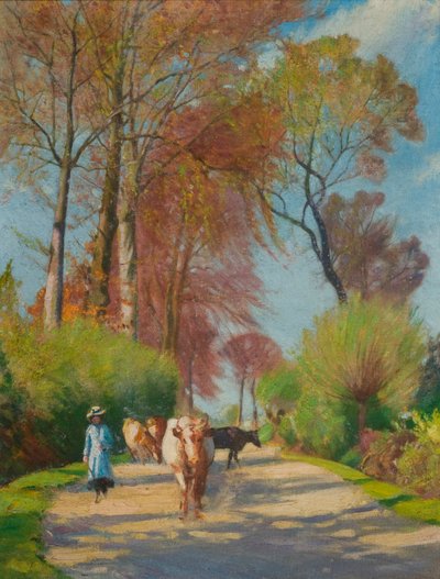 Camino rural con figura y vaca (óleo sobre tabla) de John Everett