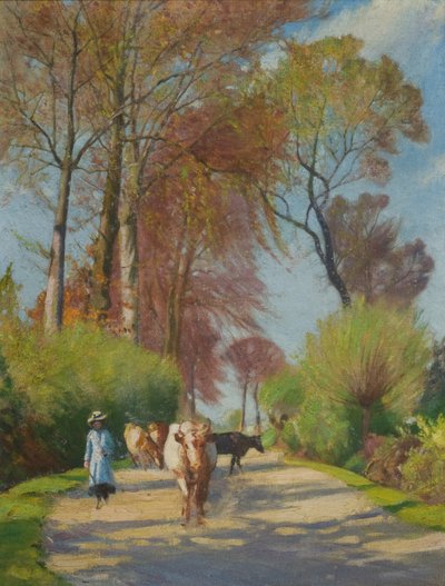 Camino rural con figura y vaca (óleo sobre tabla) de John Everett
