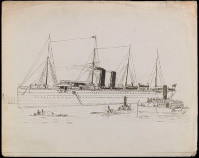 PAH1225; Barco de vapor cerca de una costa con remolcador al lado. Barco de pasajeros con remolcador y vapor de ruedas Tilbury cerca (dibujo). de John Everett
