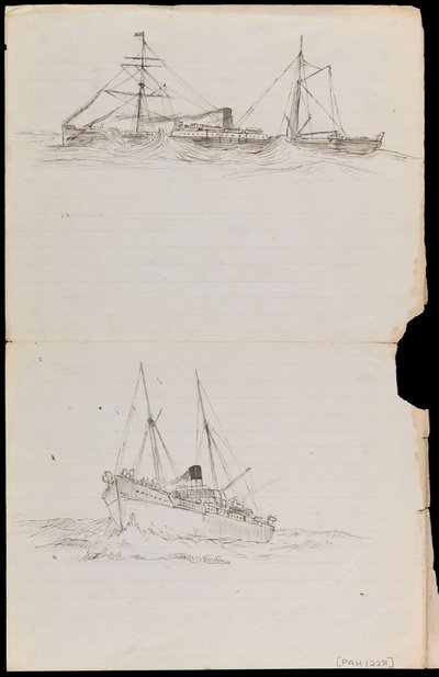 PAH1228; Bocetos de un acorazado y otros dos buques de la Royal Navy (dibujo) de John Everett