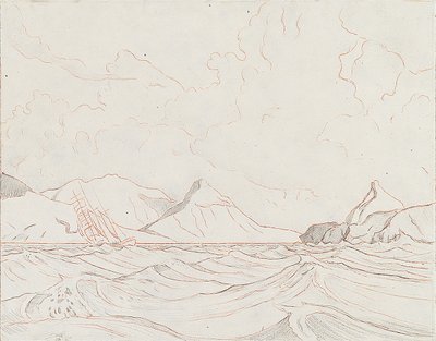 Paisaje marino con barco pasando por tierra (1), principios del siglo XX (grafito, lápiz de color marrón) de John Everett