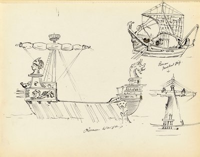 Boceto de un buque de guerra romano, parte de un buque mercante romano y un navío con las velas desplegadas, principios del siglo XX (pluma, tinta negra) de John Everett