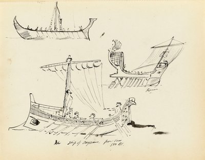 Bocetos de embarcaciones primitivas, incluida una nave romana de velas y remos y la nave de Odiseo, 500 a.C. (de un vaso), principios del siglo XX (bolígrafo, tinta negra) de John Everett