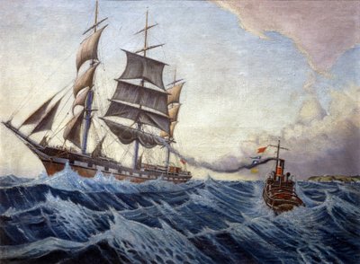 El "Iquique" y el remolcador "Warrior", al fondo de la costa inglesa, en un viaje entre Londres, Inglaterra, y Sydney, Australia, entre diciembre de 1898 y abril de 1899. de John Everett