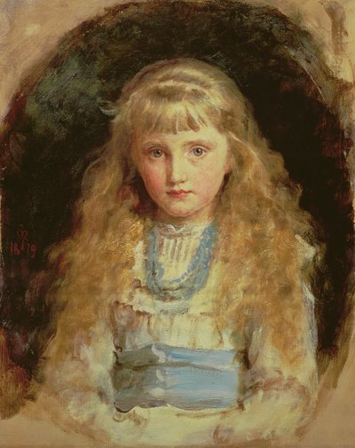 Retrato de Beatrice Caird con un vestido blanco y una faja azul de John Everett Millais