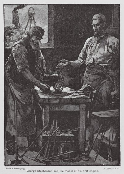George Stephenson y la maqueta de su primer motor (litografía en color) de John Eyre