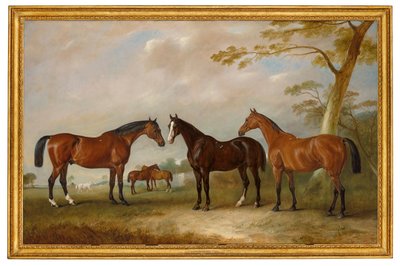 Intrepid, Conqueror y Bay Bolton con Silkman y Darnley más allá en un paisaje de John Ferneley