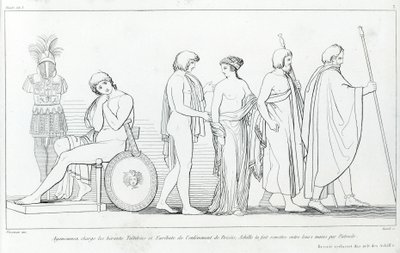 Agamenón encargó a los heraldos Taltibio y Euribates el secuestro de Briseida; Aquiles la entregó en sus manos por Patroclo. Dibujo de John Flaxman (1755 - 1826). La Ilíada de Homero. Canto I. de John Flaxman