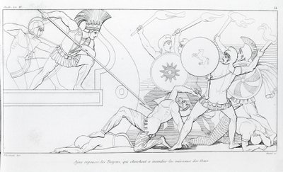 Áyax repele a los troyanos que buscan quemar los barcos griegos. Dibujo de John Flaxman (1755 - 1826). La Ilíada de Homero. Canto XV. de John Flaxman