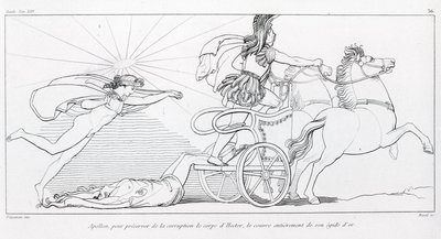 Apolo, dios del Sol, para preservar el cuerpo de Héctor lo cubre completamente con su égida dorada. Canto XXIV. Dibujo de John Flaxman (1755 - 1826). La Ilíada de Homero de John Flaxman