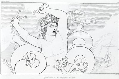 Episodio de Caribdis y Escila: seis compañeros de Ulises son devorados. La Odisea de Homero. Canto XII. de John Flaxman