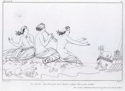 Las sirenas buscan con su canto atraer a Ulises. La Odisea de Homero. Canto XII. de John Flaxman