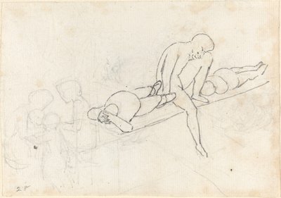 Hombre sentado flanqueado por dos figuras reclinadas; grupo de figuras en la esquina inferior izquierda de John Flaxman
