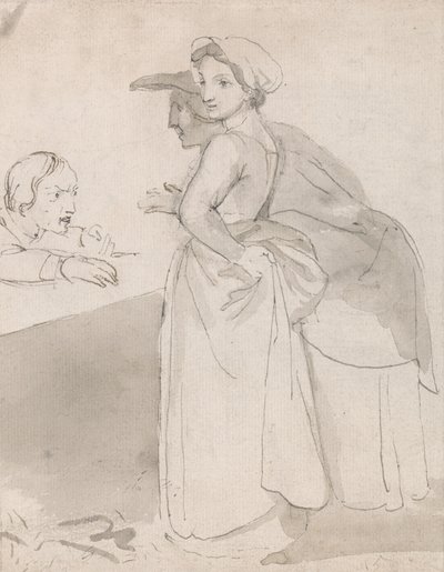 Dos mujeres hablan con un hombre en un mostrador de John Flaxman