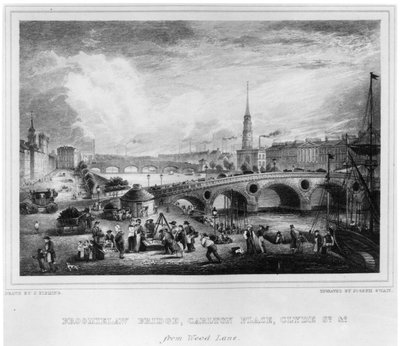Puente Broomielaw, Carlton Place, Clyde St., Glasgow, grabado por Joseph Swan de John Fleming