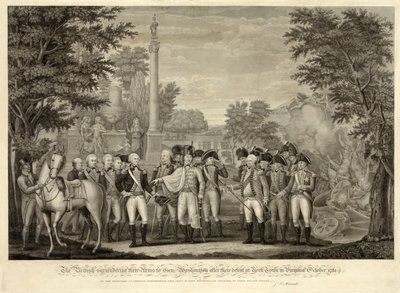 La rendición británica de sus armas al General Washington después de su derrota en York Town en Virginia, octubre de 1781, pub. 1819 (grabado) de John Francis (after) Renault