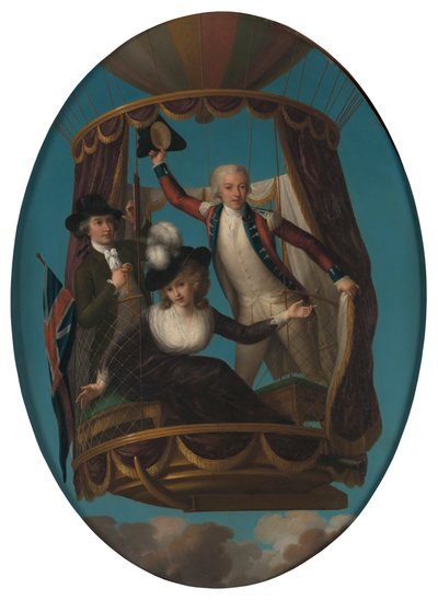 El capitán Vincenzo Lunardi con su ayudante George Biggin, y la Sra. Letitia Anne Sage, en globo de John Francis Rigaud