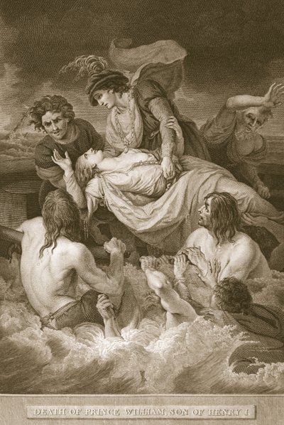 Muerte del príncipe Guillermo, hijo de Enrique I, grabado por J. Stow, ilustración de 