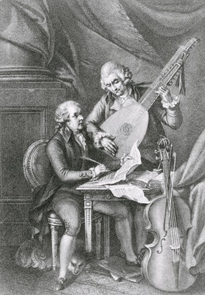 Retrato de Franz Joseph Haydn (1732-1809) y Wolfgang Amadeus Mozart (1756-91) componiendo música para el laúd, grabado por Michele Benedetti (1745-1810) de John Francis Rigaud